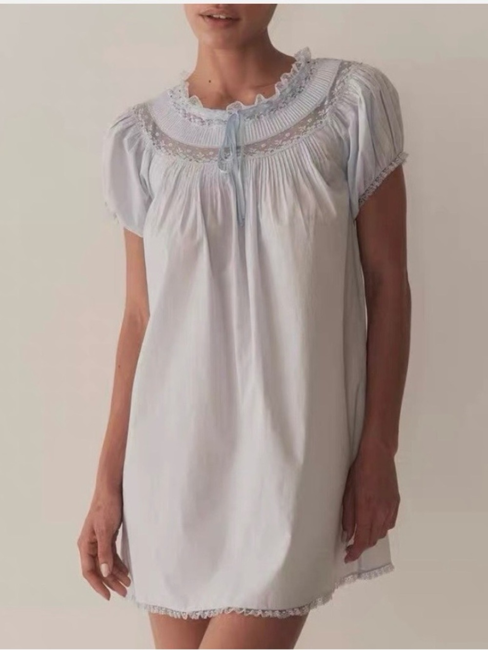 Doen Pale Blue Lace-Trim Mini Babydoll Dress